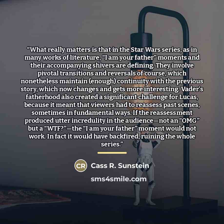 “What really matters is that in the Star Wars series, as in many works of literature, “I am your father” moments and their accompanying shivers are defining. They involve pivotal transitions and reversals of course, which nonetheless maintain (enough) continuity with the previous story, which now…” quote by Cass R. Sunstein