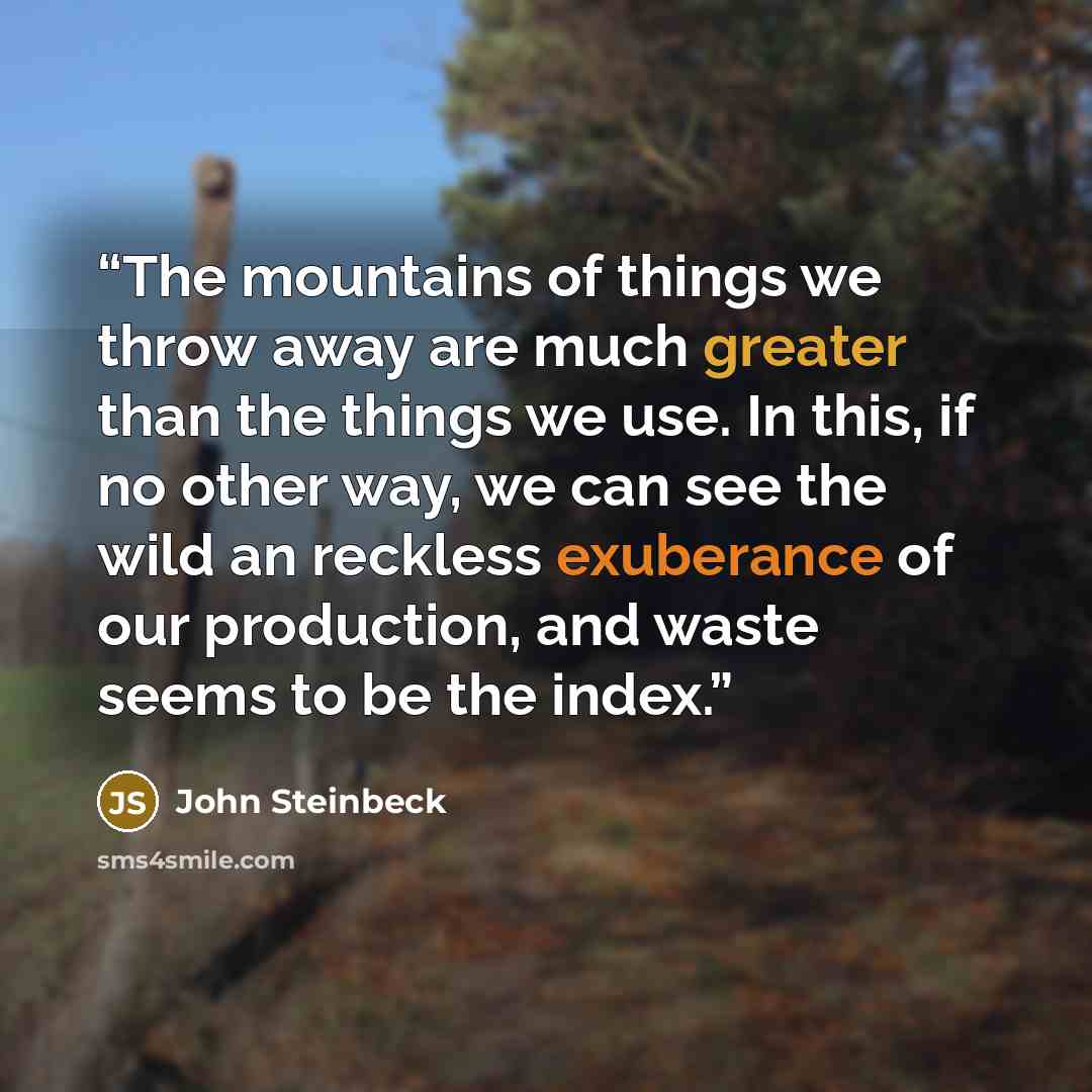 “The mountains of things we throw away are much greater than the things we use. In this, if no other way, we can see the wild an reckless exuberance of our production, and waste seems to be the index.” quote by John Steinbeck