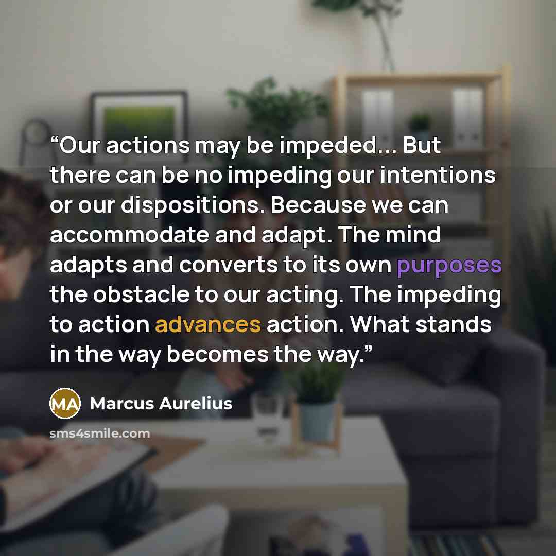 “Our actions may be impeded... But there can be no impeding our intentions or our dispositions. Because we can accommodate and adapt. The mind adapts and converts to its own purposes the obstacle to our acting. The impeding to action advances action. What stands in the way becomes the way.” quote by Marcus Aurelius
