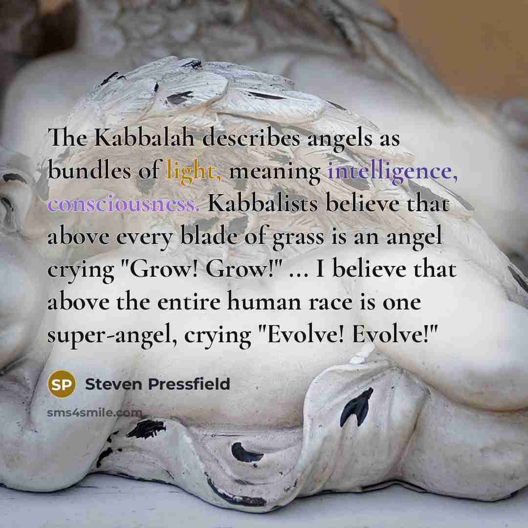 “The Kabbalah describes angels as bundles of light, meaning intelligence, consciousness. Kabbalists believe that above every blade of grass is an angel crying "Grow! Grow!" ... I believe that above the entire human race is one super-angel, crying "Evolve! Evolve!"” quote by Steven Pressfield