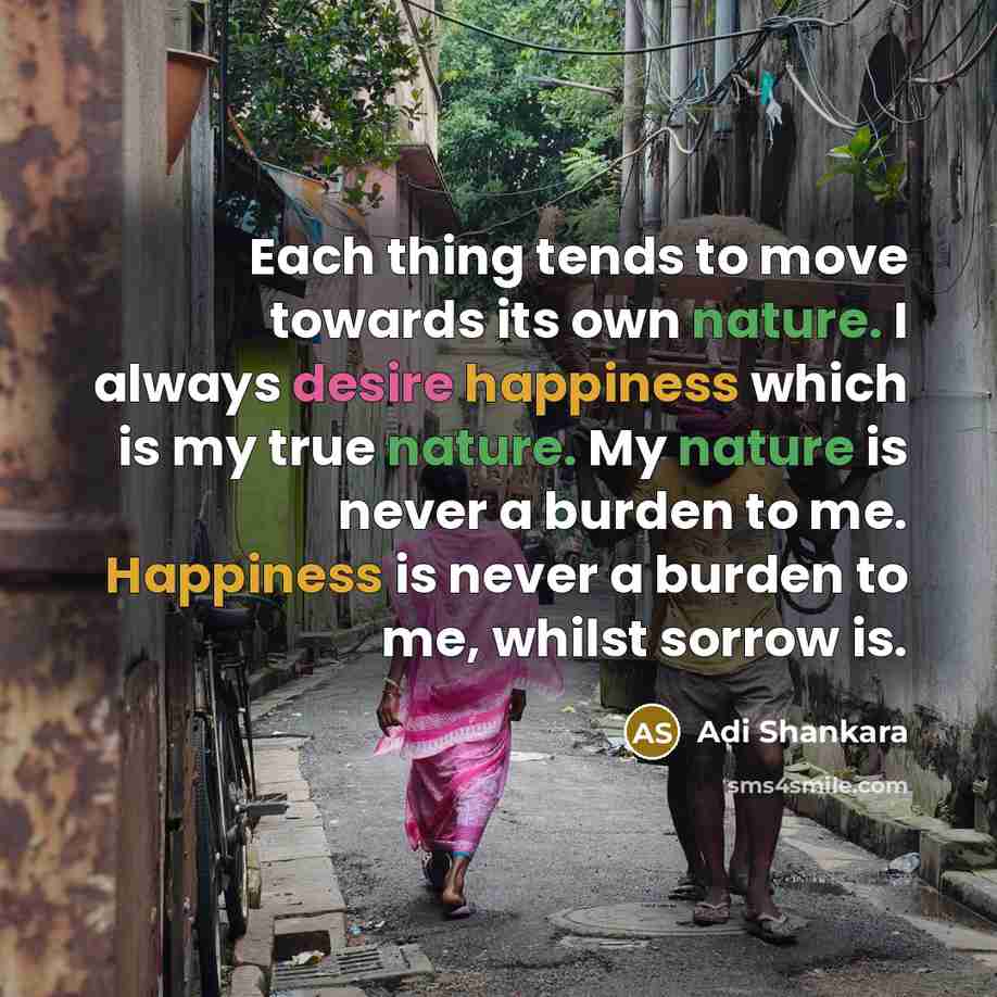 “Each thing tends to move towards its own nature. I always desire happiness which is my true nature. My nature is never a burden to me. Happiness is never a burden to me, whilst sorrow is.” quote by Adi Shankara