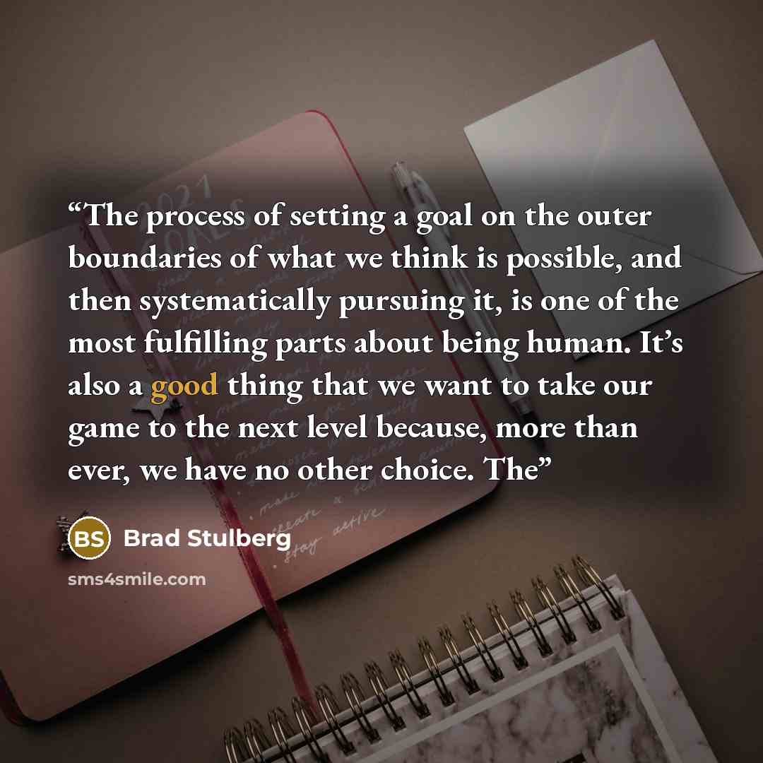 “The process of setting a goal on the outer boundaries of what we think is possible, and then systematically pursuing it, is one of the most fulfilling parts about being human. It’s also a good thing that we want to take our game to the next level because, more than ever, we have no other choice. The” quote by Brad Stulberg