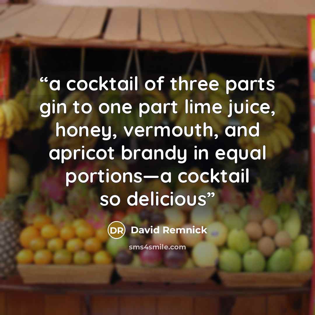 “a cocktail of three parts gin to one part lime juice, honey, vermouth, and apricot brandy in equal portions—a cocktail so delicious” quote by David Remnick