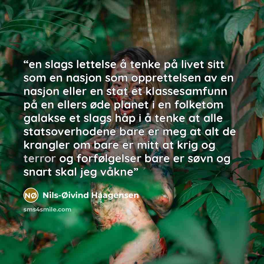 “en slags lettelse å tenke på livet sitt som en nasjon som opprettelsen av en nasjon eller en stat et klassesamfunn på en ellers øde planet i en folketom galakse et slags håp i å tenke at alle statsoverhodene bare er meg at alt de krangler om bare er mitt at krig og terror og forfølgelser bare er…” quote by Nils-Øivind Haagensen