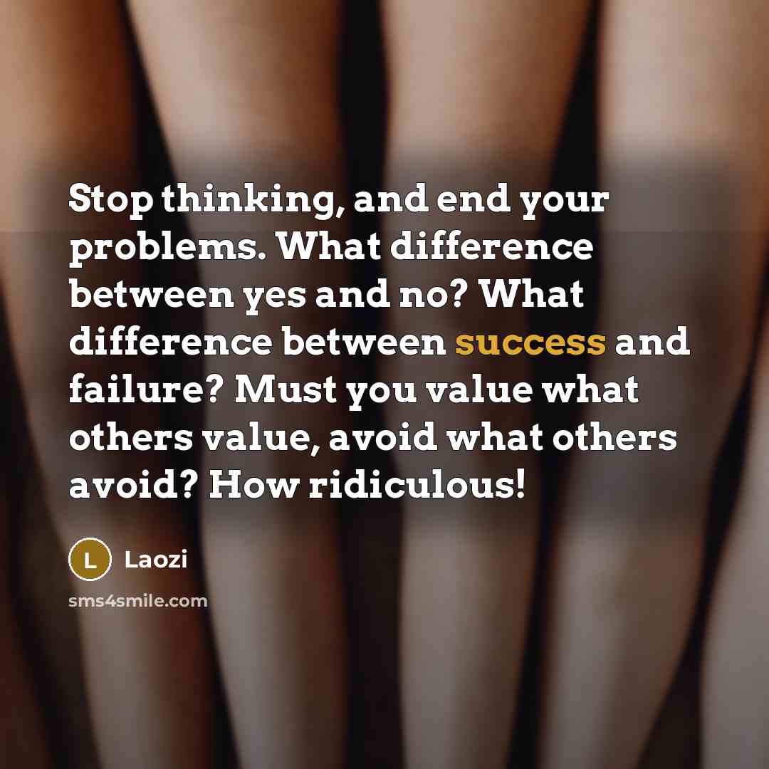 “Stop thinking, and end your problems. What difference between yes and no? What difference between success and failure? Must you value what others value, avoid what others avoid? How ridiculous!” quote by Laozi