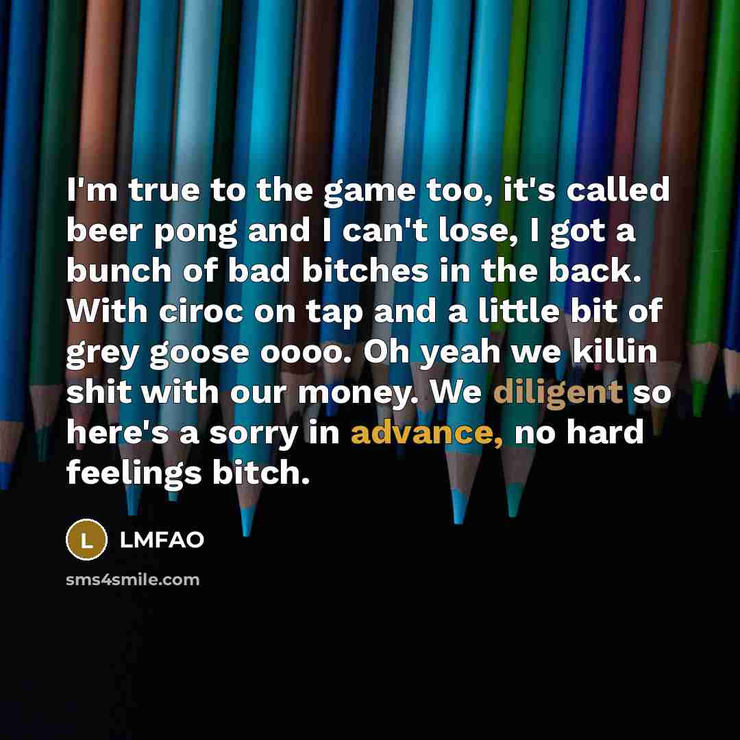 “I'm true to the game too, it's called beer pong and I can't lose, I got a bunch of bad bitches in the back. With ciroc on tap and a little bit of grey goose oooo. Oh yeah we killin shit with our money. We diligent so here's a sorry in advance, no hard feelings bitch.” quote by Lmfao