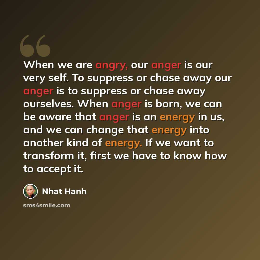 “When we are angry, our anger is our very self. To suppress or chase away our anger is to suppress or chase away ourselves. When anger is born, we can be aware that anger is an energy in us, and we can change that energy into another kind of energy. If we want to transform it, first we have to know…” quote by Nhat Hanh