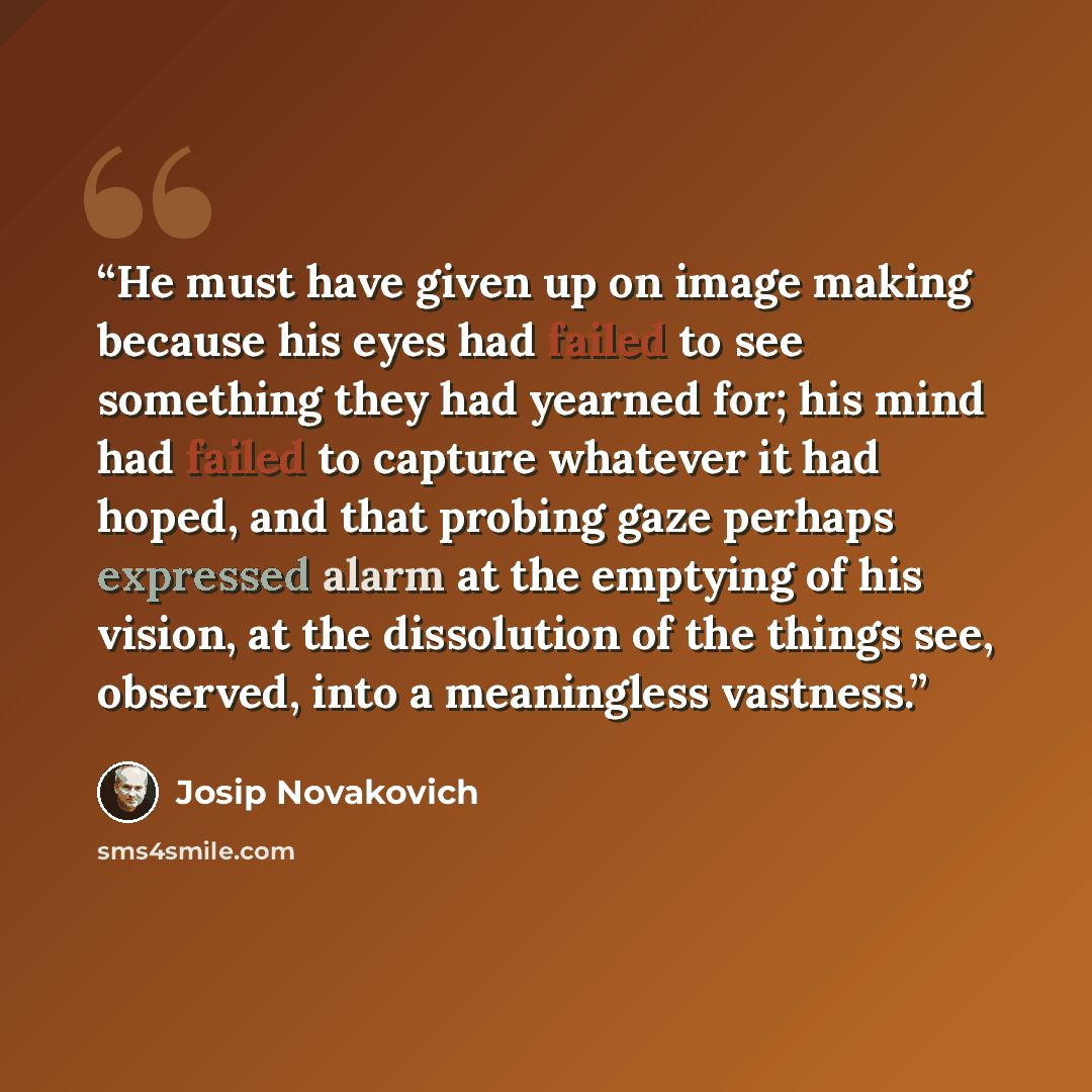 “He must have given up on image making because his eyes had failed to see something they had yearned for; his mind had failed to capture whatever it had hoped, and that probing gaze perhaps expressed alarm at the emptying of his vision, at the dissolution of the things see, observed, into a…” quote by Josip Novakovich