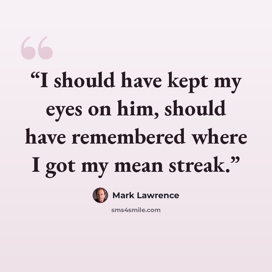 “I should have kept my eyes on him, should have remembered where I got my mean streak.” quote by Mark Lawrence
