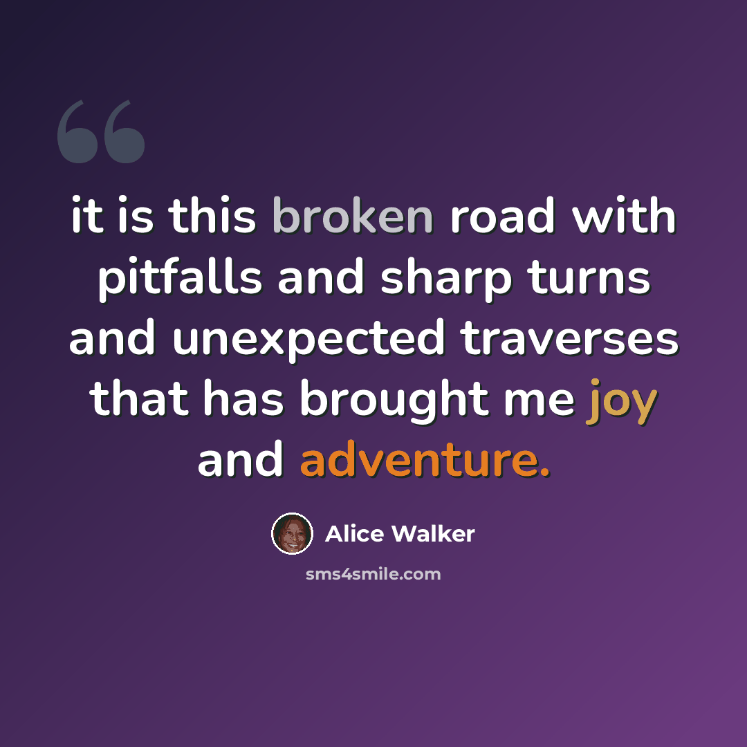 “it is this broken road with pitfalls and sharp turns and unexpected traverses that has brought me joy and adventure.” quote by Alice Walker