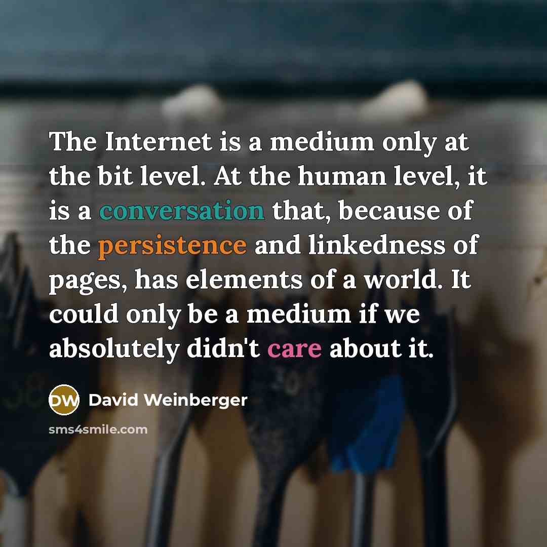“The Internet is a medium only at the bit level. At the human level, it is a conversation that, because of the persistence and linkedness of pages, has elements of a world. It could only be a medium if we absolutely didn't care about it.” quote by David Weinberger