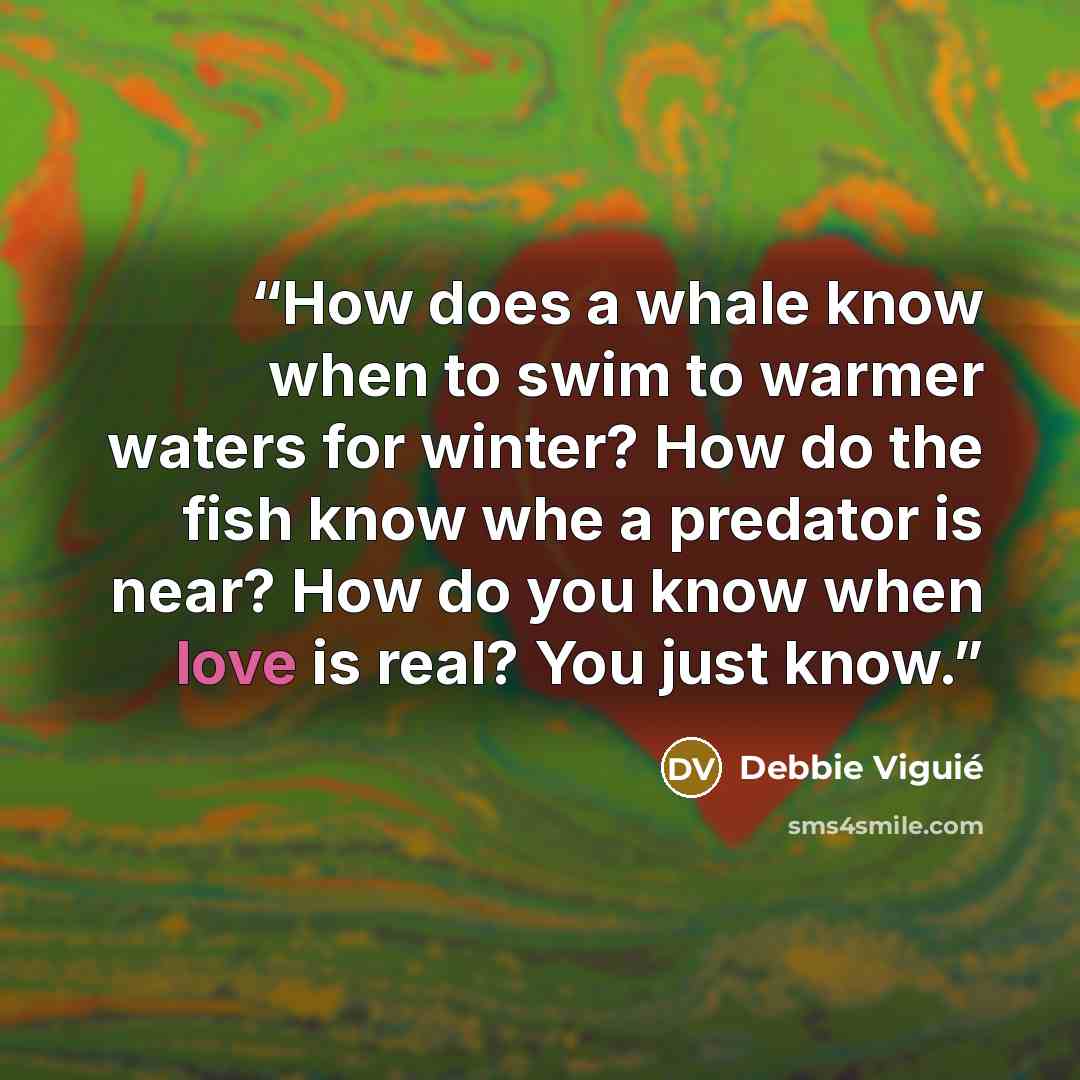“How does a whale know when to swim to warmer waters for winter? How do the fish know whe a predator is near? How do you know when love is real? You just know.” quote by Debbie Viguié