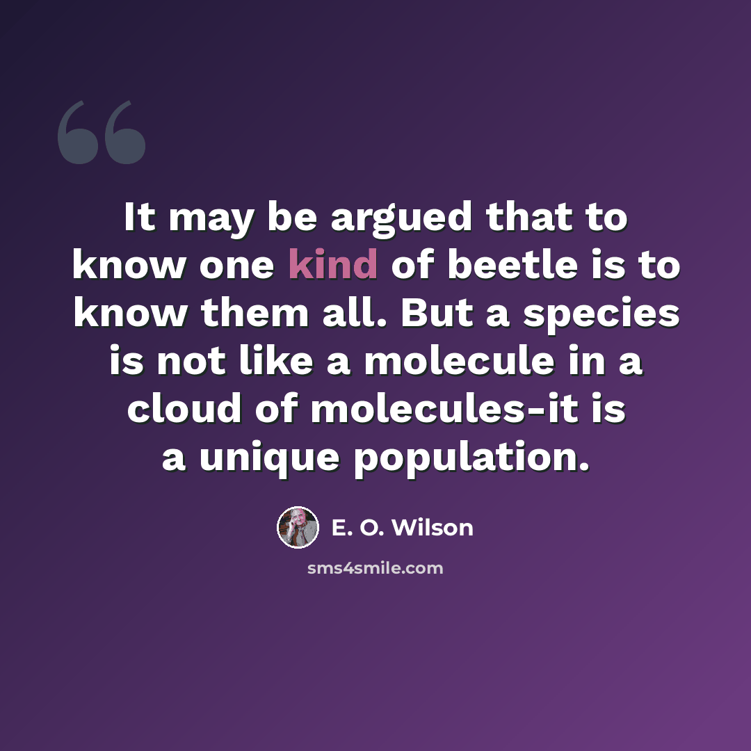 “It may be argued that to know one kind of beetle is to know them all. But a species is not like a molecule in a cloud of molecules-it is a unique population.” quote by E. O. Wilson