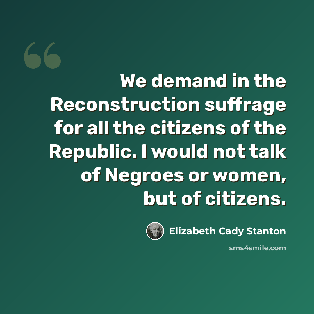“We demand in the Reconstruction suffrage for all the citizens of the Republic. I would not talk of Negroes or women, but of citizens.” quote by Elizabeth Cady Stanton