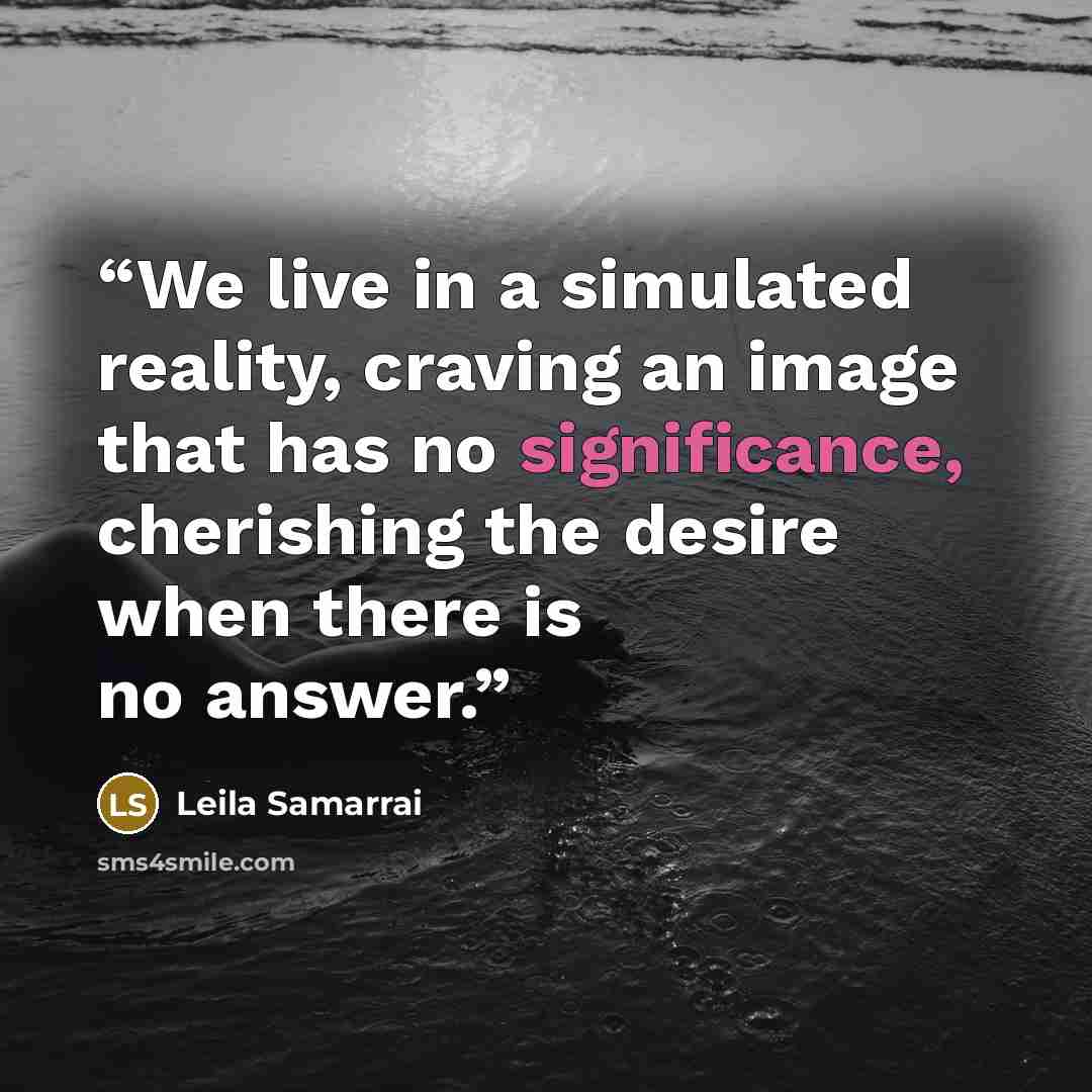 “We live in a simulated reality, craving an image that has no significance, cherishing the desire when there is no answer.” quote by Leila Samarrai