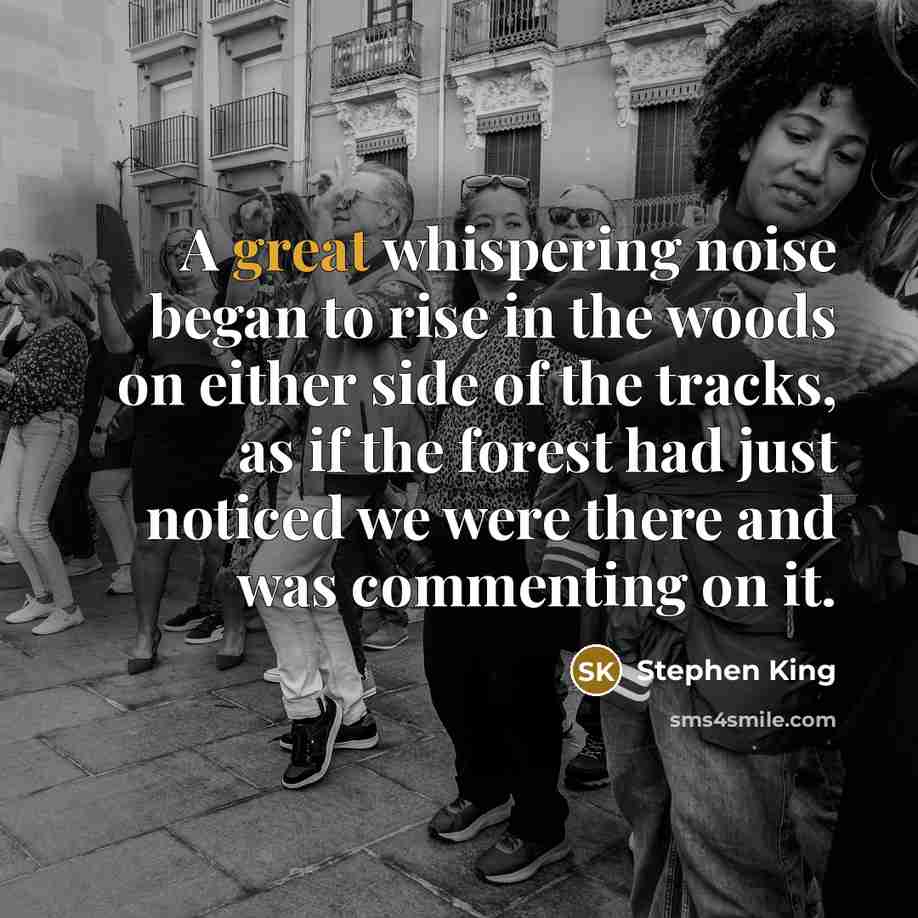 “A great whispering noise began to rise in the woods on either side of the tracks, as if the forest had just noticed we were there and was commenting on it.” quote by Stephen King