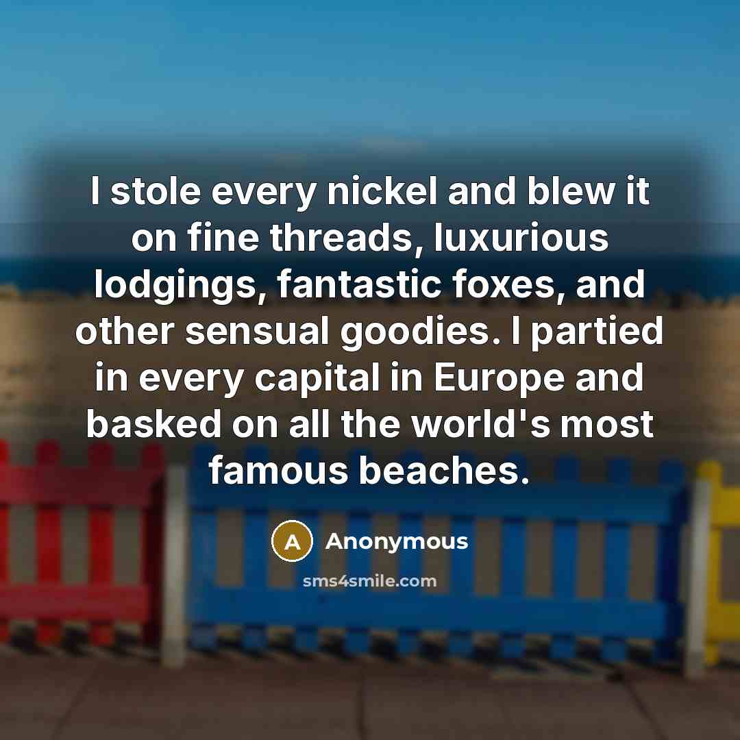 “I stole every nickel and blew it on fine threads, luxurious lodgings, fantastic foxes, and other sensual goodies. I partied in every capital in Europe and basked on all the world's most famous beaches.” quote by Anonymous