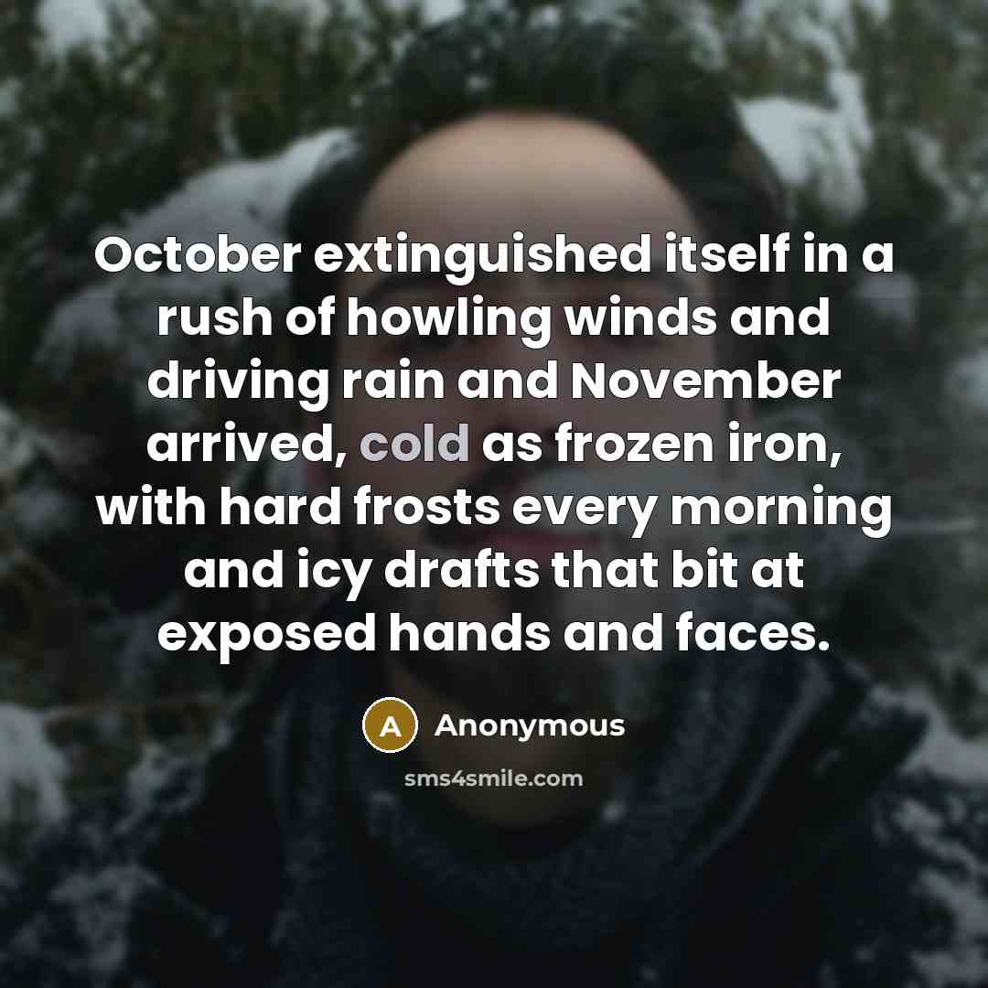 “October extinguished itself in a rush of howling winds and driving rain and November arrived, cold as frozen iron, with hard frosts every morning and icy drafts that bit at exposed hands and faces.” quote by Anonymous