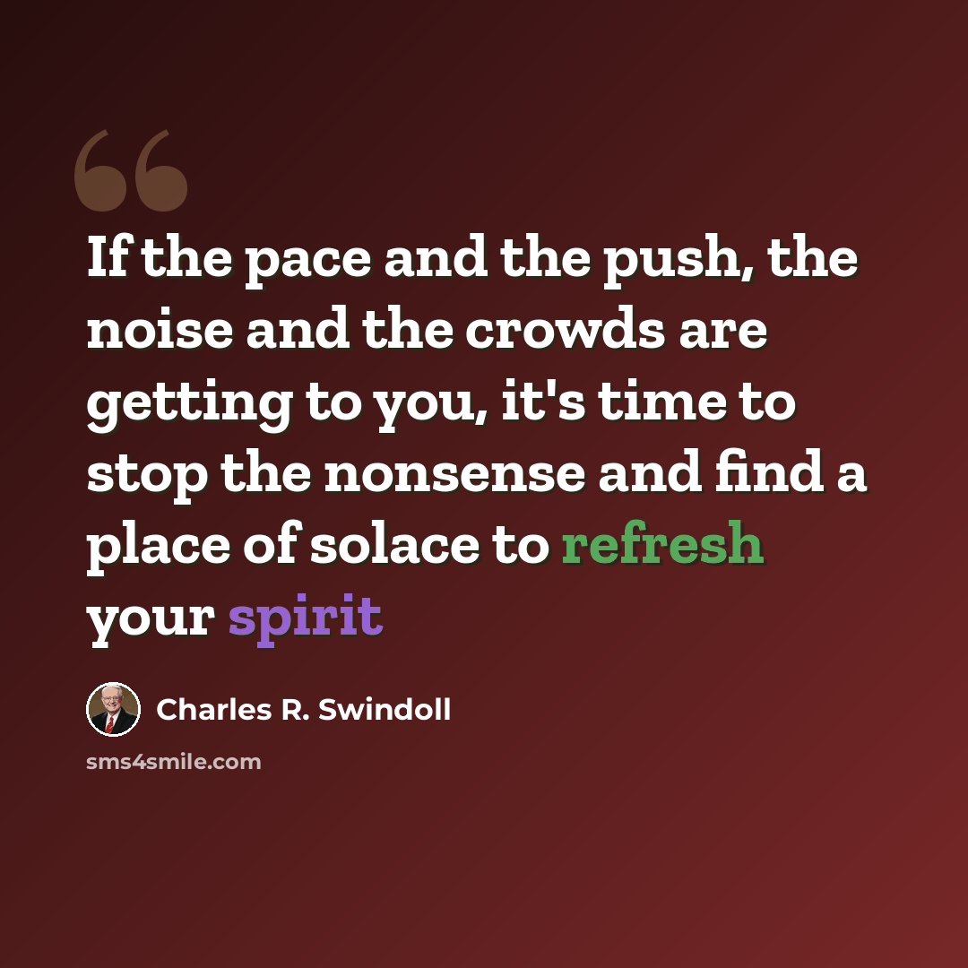 “If the pace and the push, the noise and the crowds are getting to you, it's time to stop the nonsense and find a place of solace to refresh your spirit” quote by Charles R. Swindoll