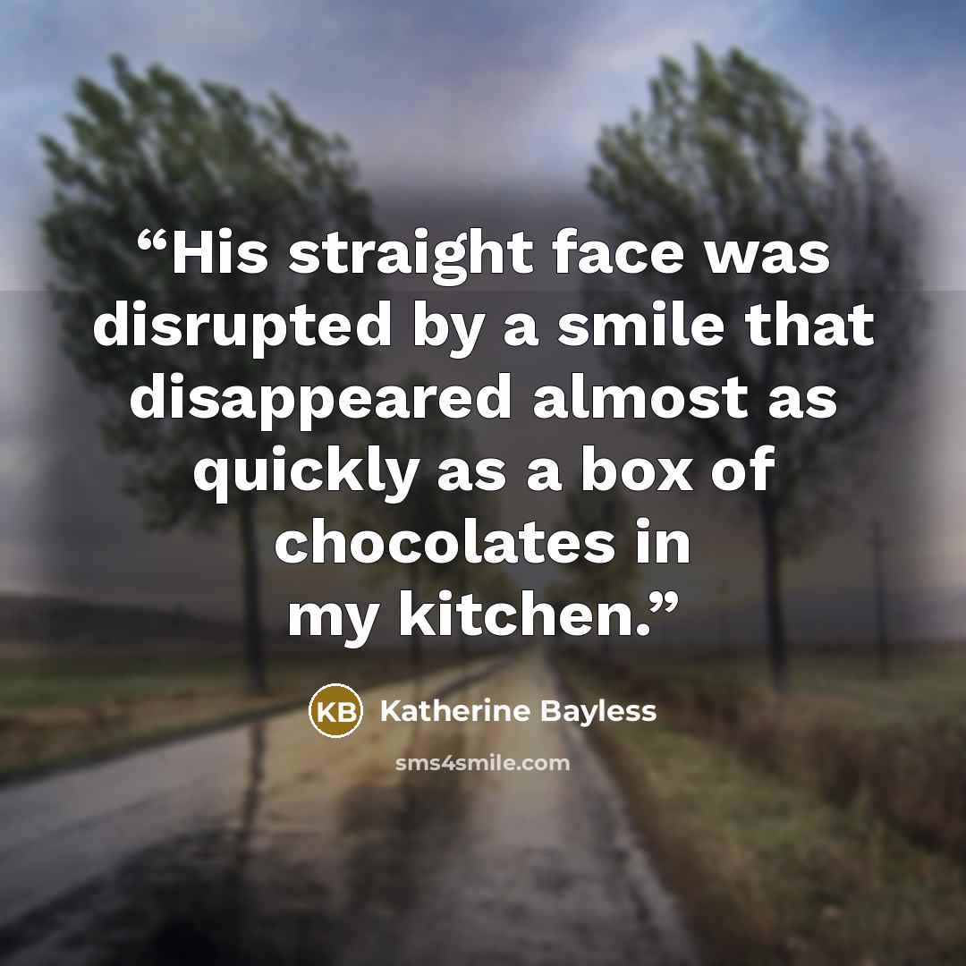 “His straight face was disrupted by a smile that disappeared almost as quickly as a box of chocolates in my kitchen.” quote by Katherine Bayless