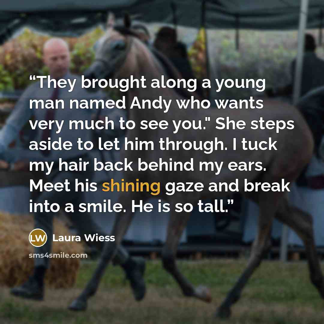 “They brought along a young man named Andy who wants very much to see you." She steps aside to let him through. I tuck my hair back behind my ears. Meet his shining gaze and break into a smile. He is so tall.” quote by Laura Wiess