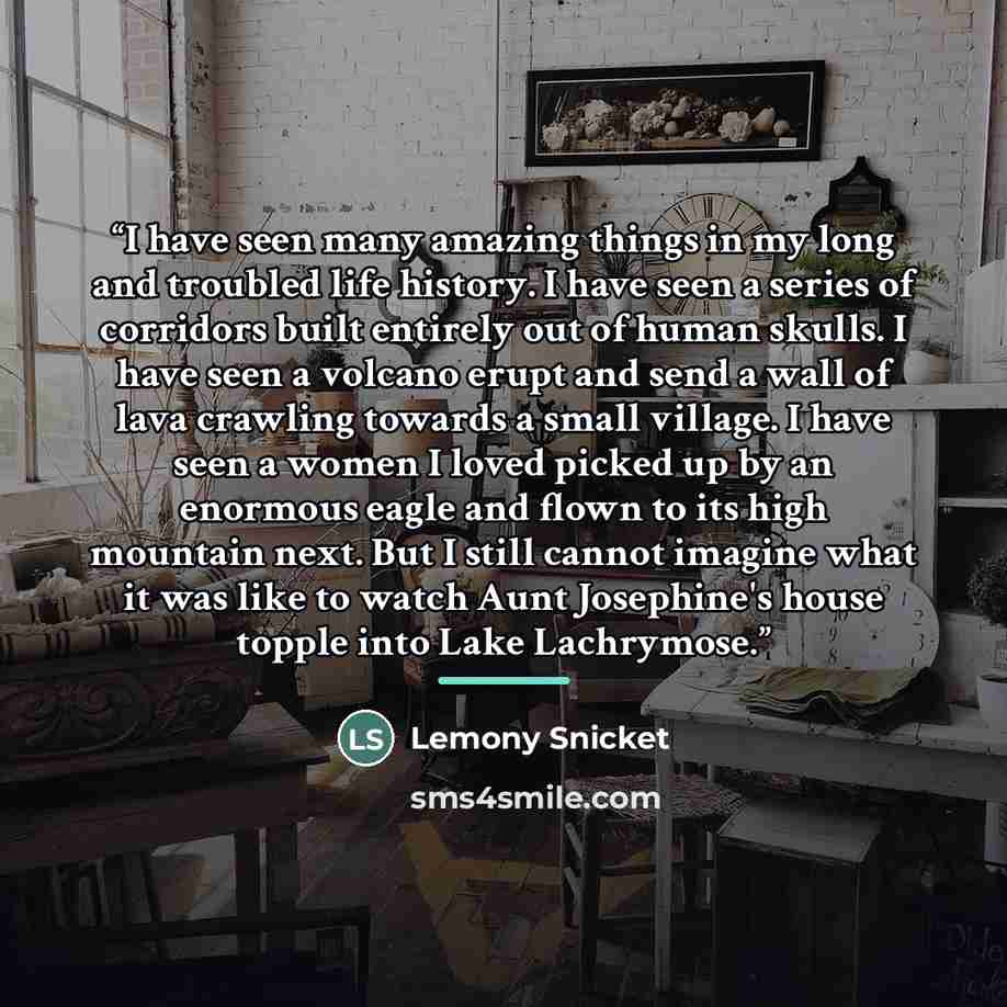 “I have seen many amazing things in my long and troubled life history. I have seen a series of corridors built entirely out of human skulls. I have seen a volcano erupt and send a wall of lava crawling towards a small village. I have seen a women I loved picked up by an enormous eagle and flown to…” quote by Lemony Snicket