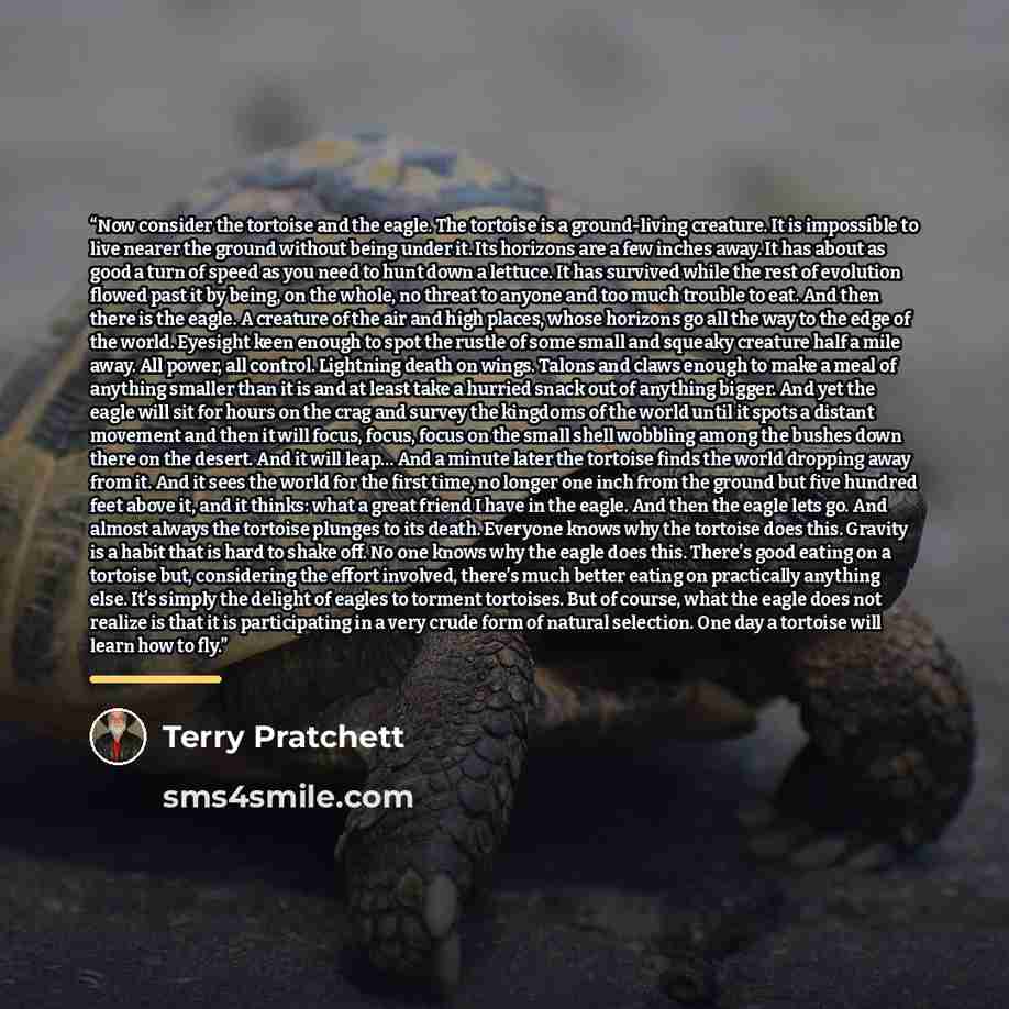 “Now consider the tortoise and the eagle. The tortoise is a ground-living creature. It is impossible to live nearer the ground without being under it. Its horizons are a few inches away. It has about as good a turn of speed as you need to hunt down a lettuce. It has survived while the rest of…” quote by Terry Pratchett