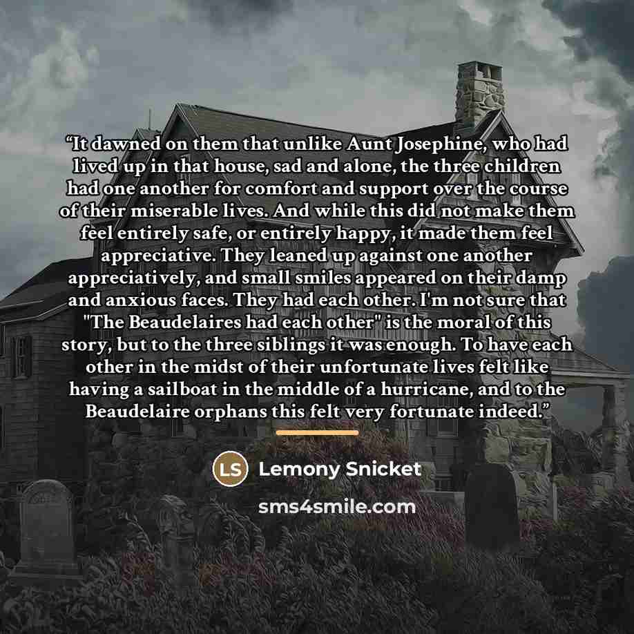 “It dawned on them that unlike Aunt Josephine, who had lived up in that house, sad and alone, the three children had one another for comfort and support over the course of their miserable lives. And while this did not make them feel entirely safe, or entirely happy, it made them feel appreciative…” quote by Lemony Snicket