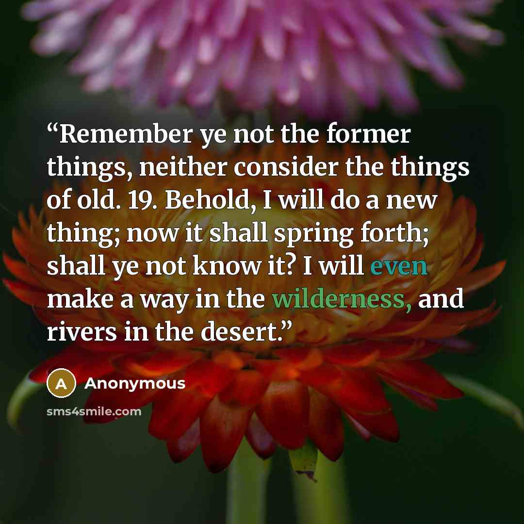 “Remember ye not the former things, neither consider the things of old. 19. Behold, I will do a new thing; now it shall spring forth; shall ye not know it? I will even make a way in the wilderness, and rivers in the desert.” quote by Anonymous