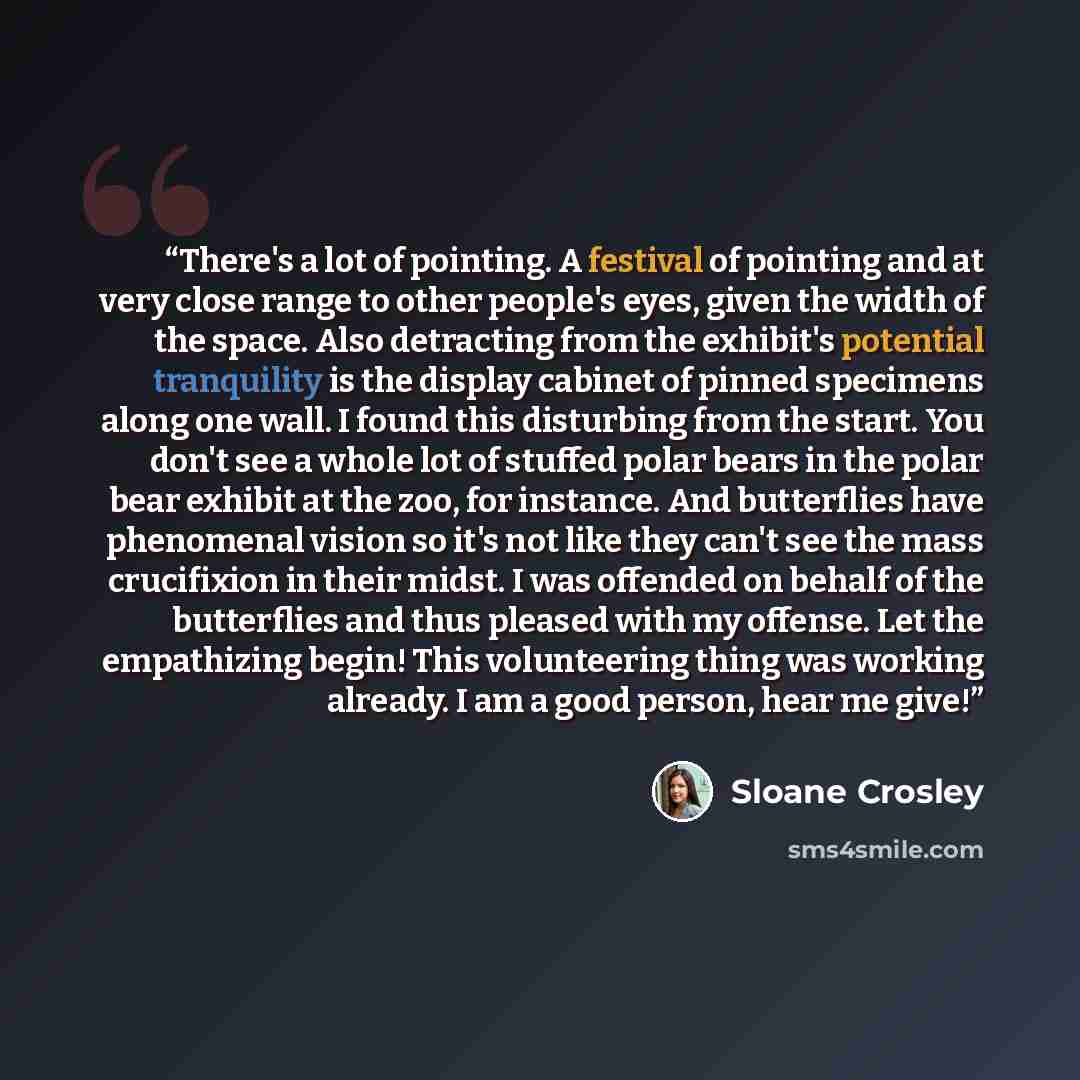 “There's a lot of pointing. A festival of pointing and at very close range to other people's eyes, given the width of the space. Also detracting from the exhibit's potential tranquility is the display cabinet of pinned specimens along one wall. I found this disturbing from the start. You don't see…” quote by Sloane Crosley