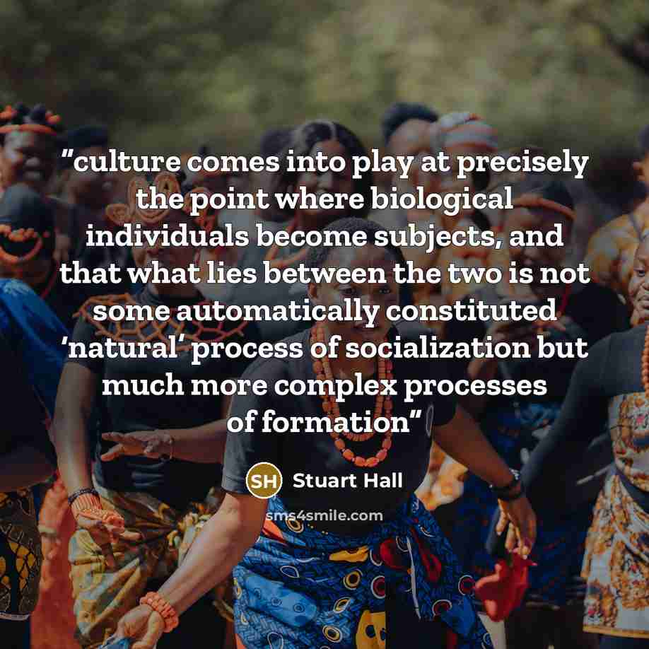 “culture comes into play at precisely the point where biological individuals become subjects, and that what lies between the two is not some automatically constituted ‘natural’ process of socialization but much more complex processes of formation” quote by Stuart Hall