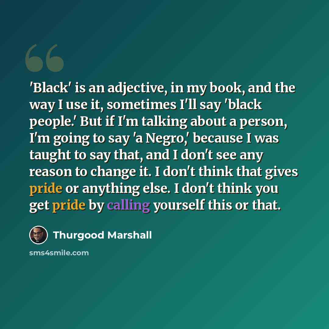 “'Black' is an adjective, in my book, and the way I use it, sometimes I'll say 'black people.' But if I'm talking about a person, I'm going to say 'a Negro,' because I was taught to say that, and I don't see any reason to change it. I don't think that gives pride or anything else. I don't think you…” quote by Thurgood Marshall