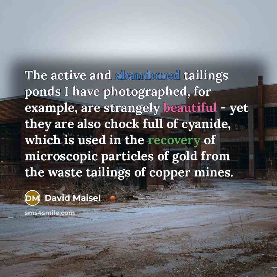“The active and abandoned tailings ponds I have photographed, for example, are strangely beautiful - yet they are also chock full of cyanide, which is used in the recovery of microscopic particles of gold from the waste tailings of copper mines.” quote by David Maisel