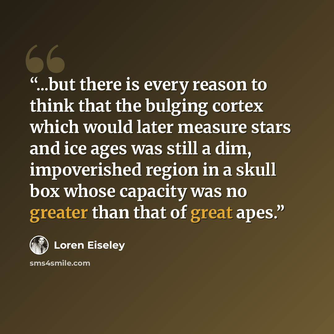 “...but there is every reason to think that the bulging cortex which would later measure stars and ice ages was still a dim, impoverished region in a skull box whose capacity was no greater than that of great apes.” quote by Loren Eiseley