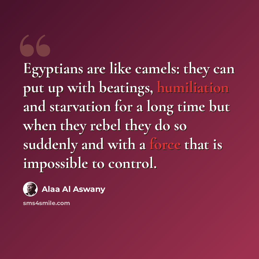 “Egyptians are like camels: they can put up with beatings, humiliation and starvation for a long time but when they rebel they do so suddenly and with a force that is impossible to control.” quote by Alaa Al Aswany