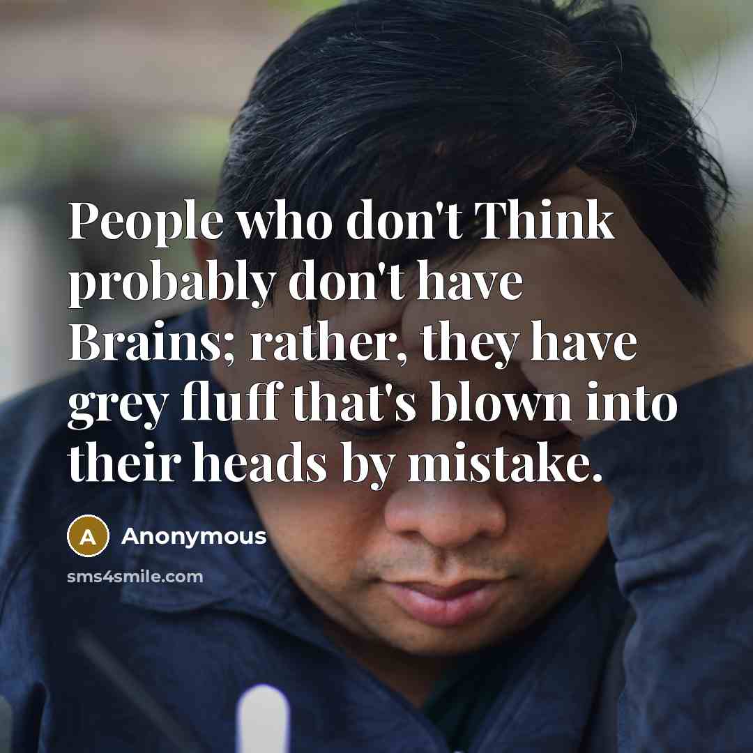 “People who don't Think probably don't have Brains; rather, they have grey fluff that's blown into their heads by mistake.” quote by Anonymous