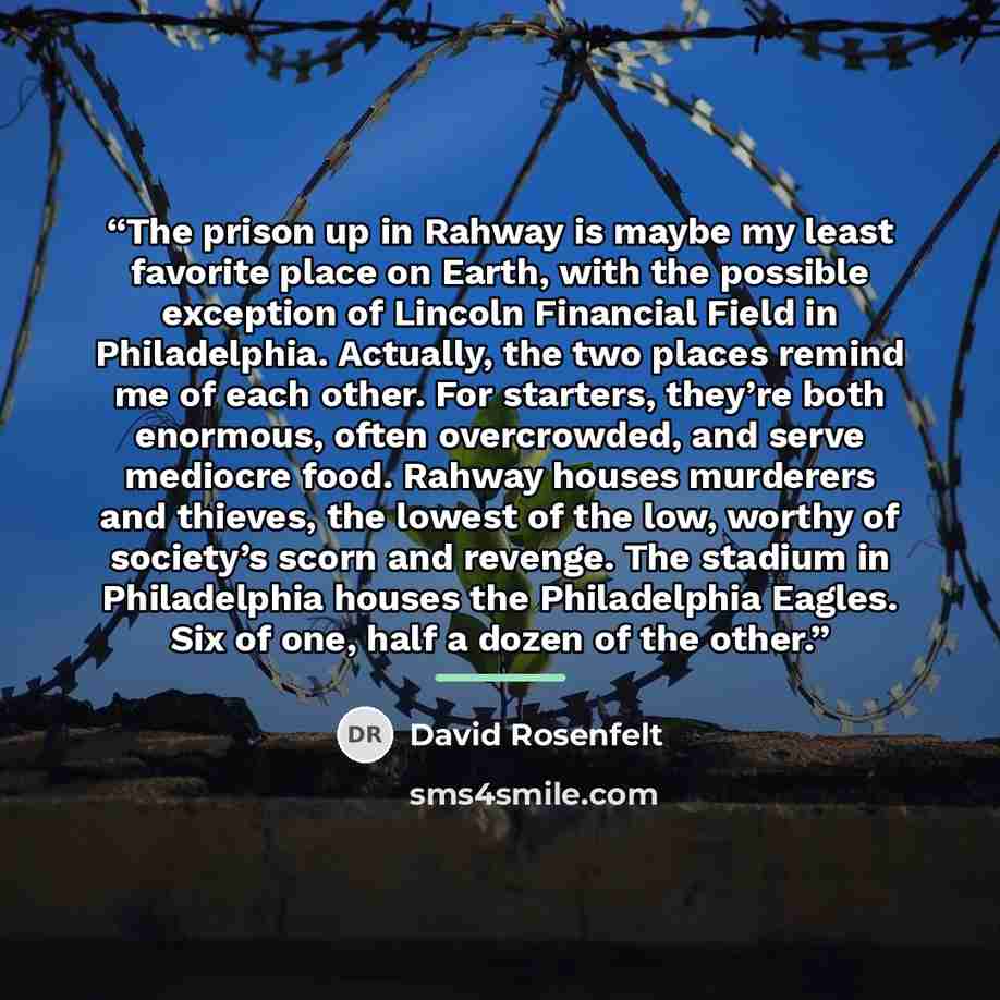 “The prison up in Rahway is maybe my least favorite place on Earth, with the possible exception of Lincoln Financial Field in Philadelphia. Actually, the two places remind me of each other. For starters, they’re both enormous, often overcrowded, and serve mediocre food. Rahway houses murderers and…” quote by David Rosenfelt
