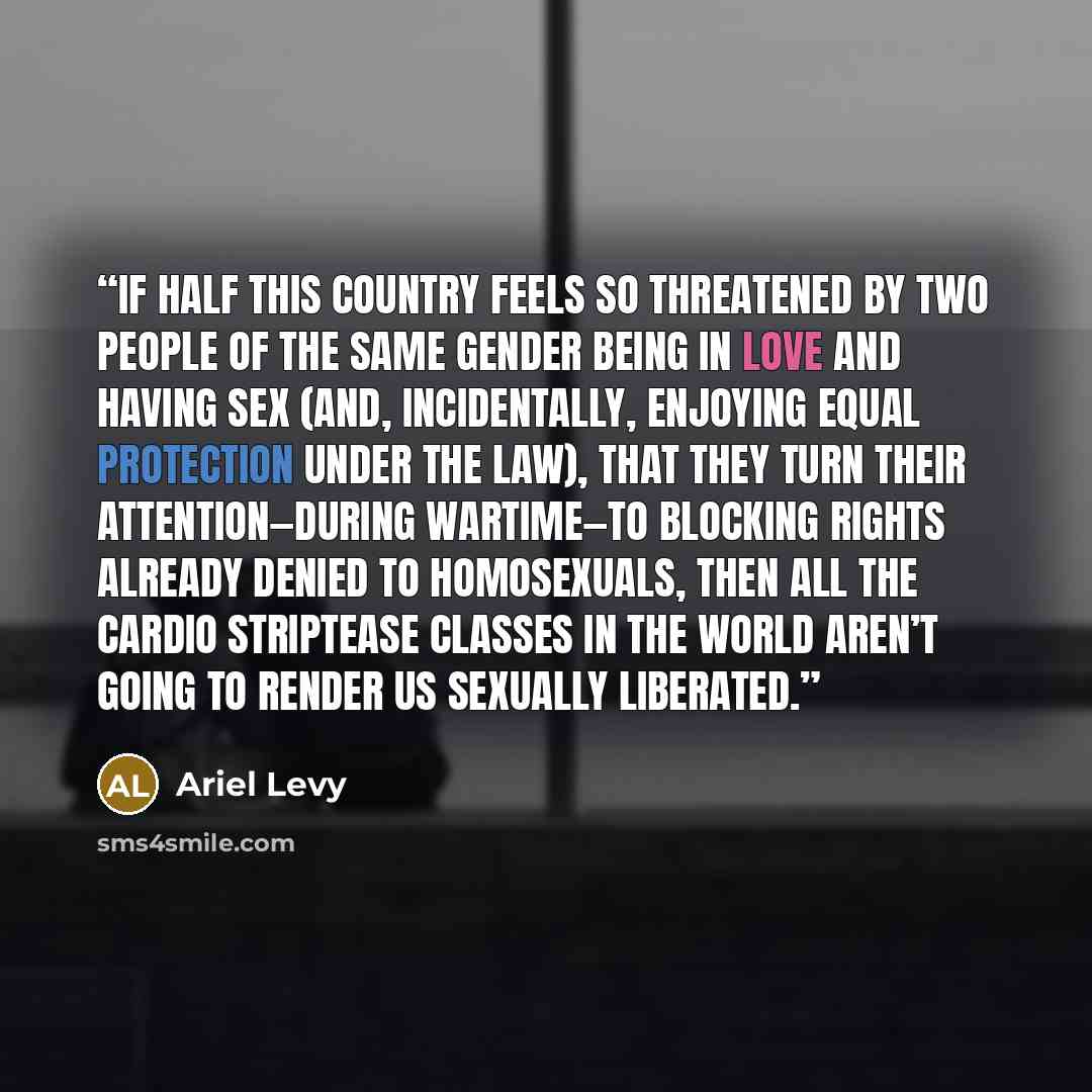 “If half this country feels so threatened by two people of the same gender being in love and having sex (and, incidentally, enjoying equal protection under the law), that they turn their attention—during wartime—to blocking rights already denied to homosexuals, then all the cardio striptease…” quote by Ariel Levy