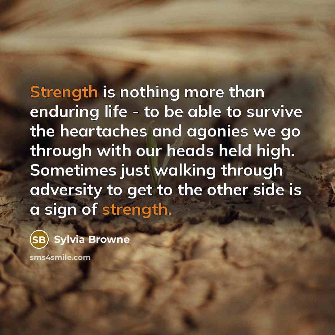 “Strength is nothing more than enduring life - to be able to survive the heartaches and agonies we go through with our heads held high. Sometimes just walking through adversity to get to the other side is a sign of strength.” quote by Sylvia Browne