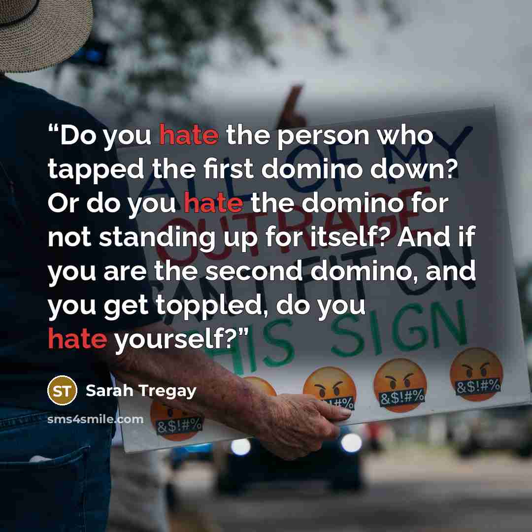 “Do you hate the person who tapped the first domino down? Or do you hate the domino for not standing up for itself? And if you are the second domino, and you get toppled, do you hate yourself?” quote by Sarah Tregay