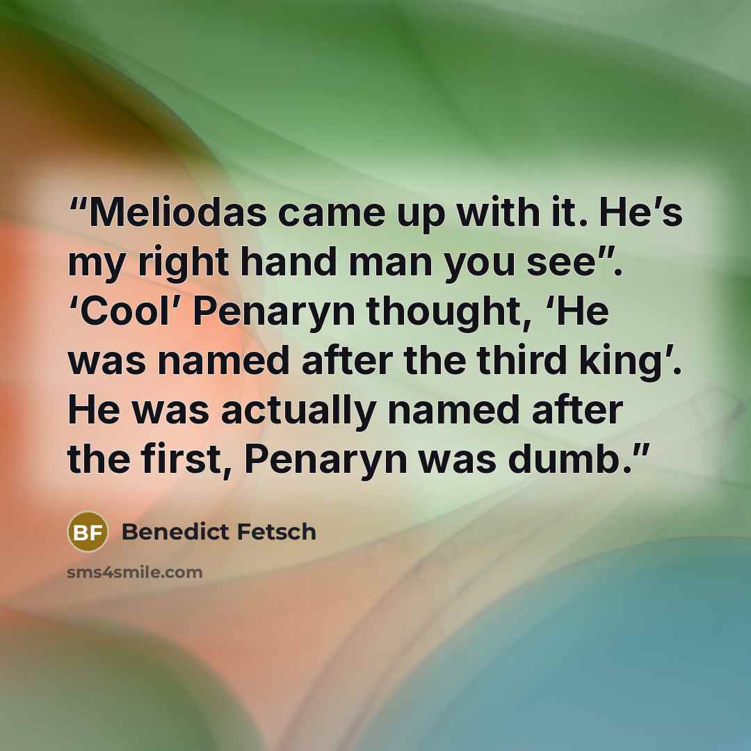 “Meliodas came up with it. He’s my right hand man you see”. ‘Cool’ Penaryn thought, ‘He was named after the third king’. He was actually named after the first, Penaryn was dumb.” quote by Benedict Fetsch