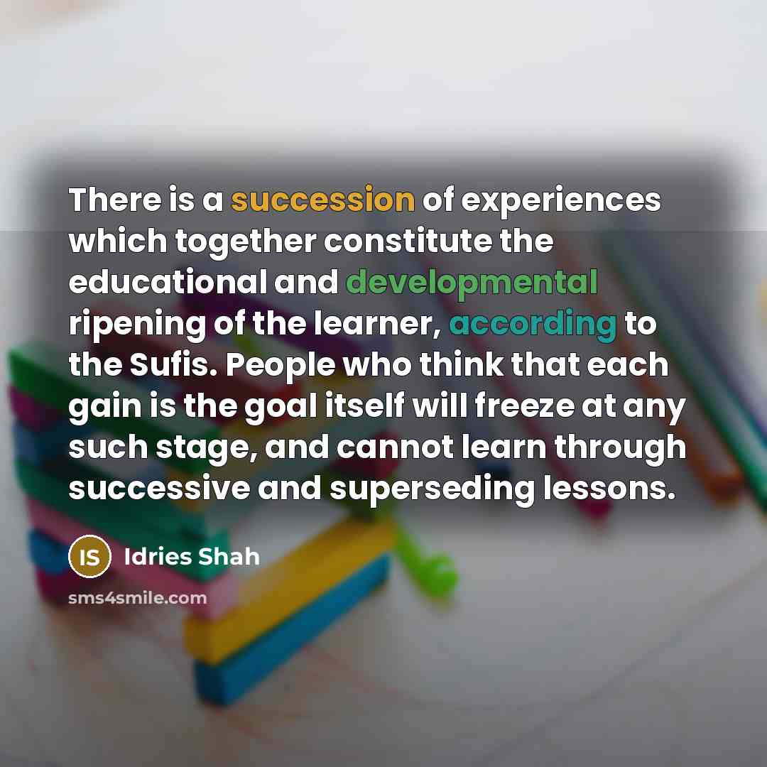 “There is a succession of experiences which together constitute the educational and developmental ripening of the learner, according to the Sufis. People who think that each gain is the goal itself will freeze at any such stage, and cannot learn through successive and superseding lessons.” quote by Idries Shah