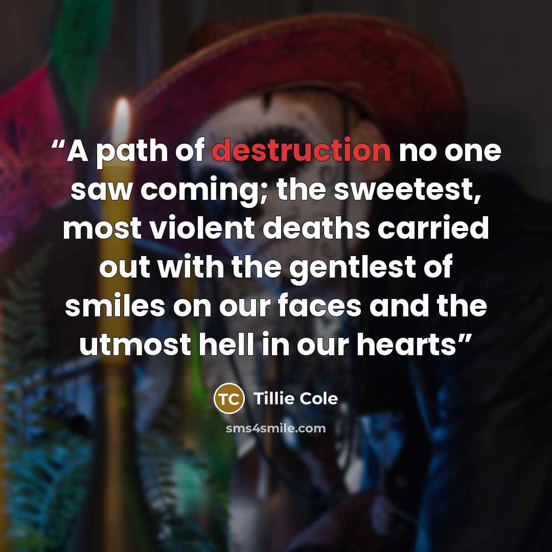 “A path of destruction no one saw coming; the sweetest, most violent deaths carried out with the gentlest of smiles on our faces and the utmost hell in our hearts” quote by Tillie Cole