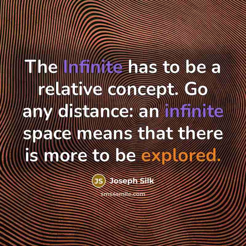 “The Infinite has to be a relative concept. Go any distance: an infinite space means that there is more to be explored.” quote by Joseph Silk
