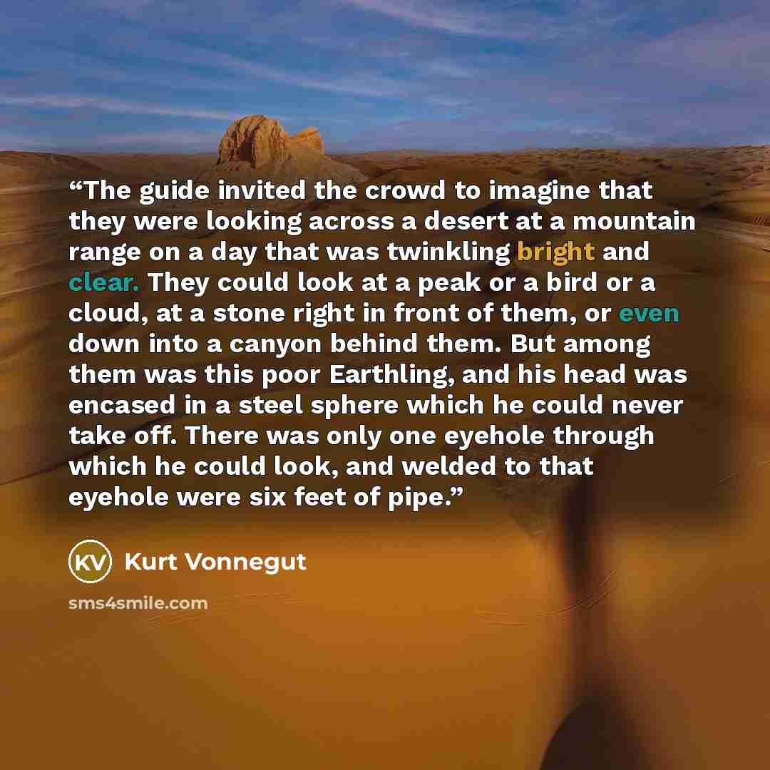 “The guide invited the crowd to imagine that they were looking across a desert at a mountain range on a day that was twinkling bright and clear. They could look at a peak or a bird or a cloud, at a stone right in front of them, or even down into a canyon behind them. But among them was this poor…” quote by Kurt Vonnegut