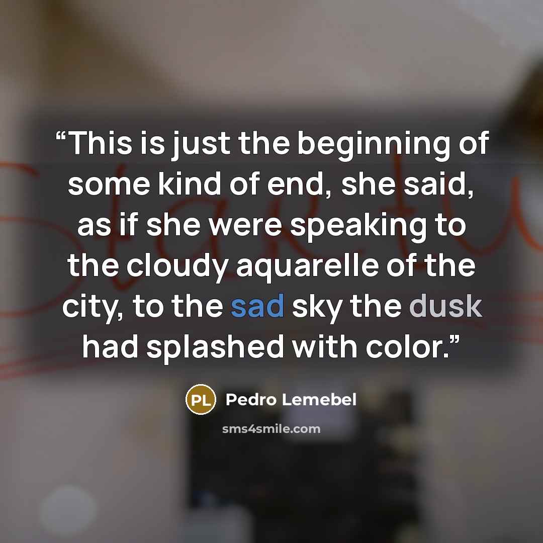 “This is just the beginning of some kind of end, she said, as if she were speaking to the cloudy aquarelle of the city, to the sad sky the dusk had splashed with color.” quote by Pedro Lemebel