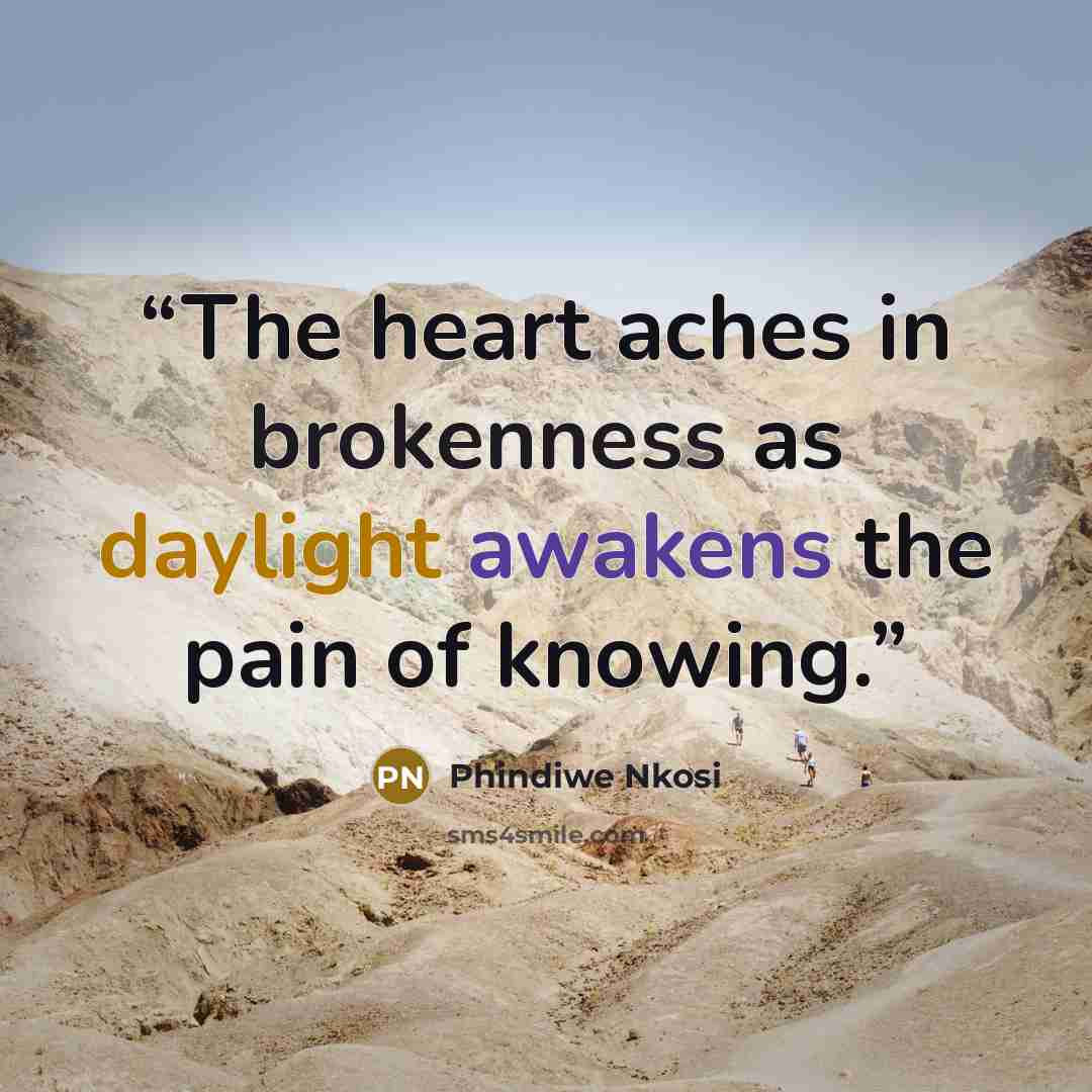 “The heart aches in brokenness as daylight awakens the pain of knowing.” quote by Phindiwe Nkosi