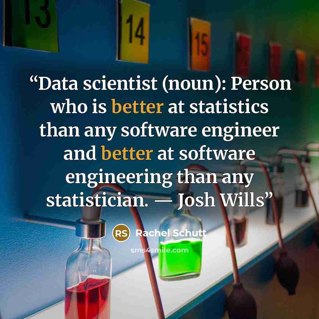 “Data scientist (noun): Person who is better at statistics than any software engineer and better at software engineering than any statistician. — Josh Wills” quote by Rachel Schutt