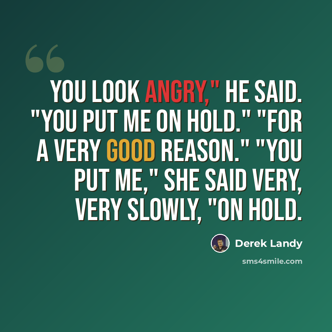 “You look angry," he said. "You put me on hold." "For a very good reason." "You put me," she said very, very slowly, "on hold.” quote by Derek Landy