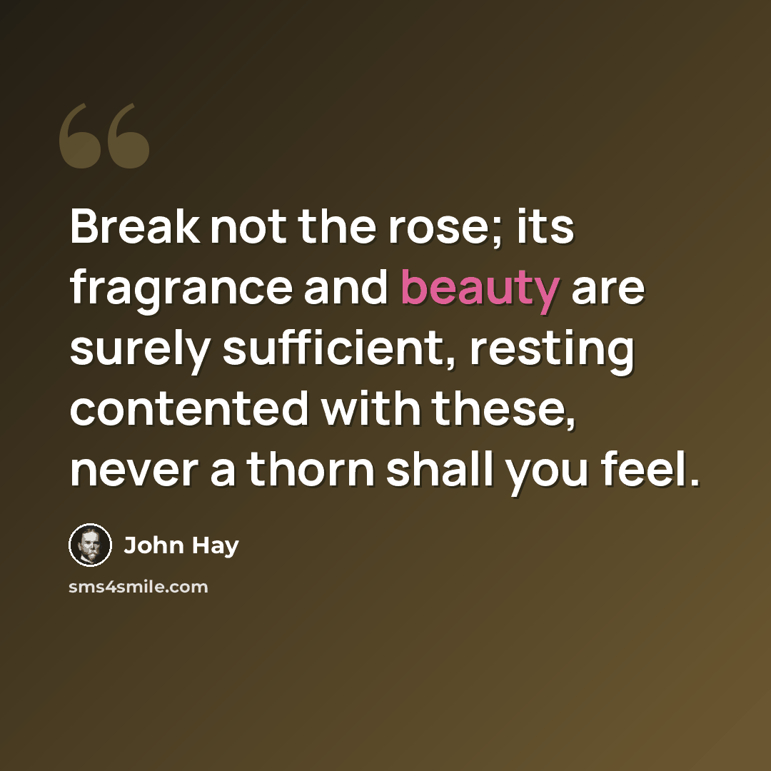 “Break not the rose; its fragrance and beauty are surely sufficient, resting contented with these, never a thorn shall you feel.” quote by John Hay